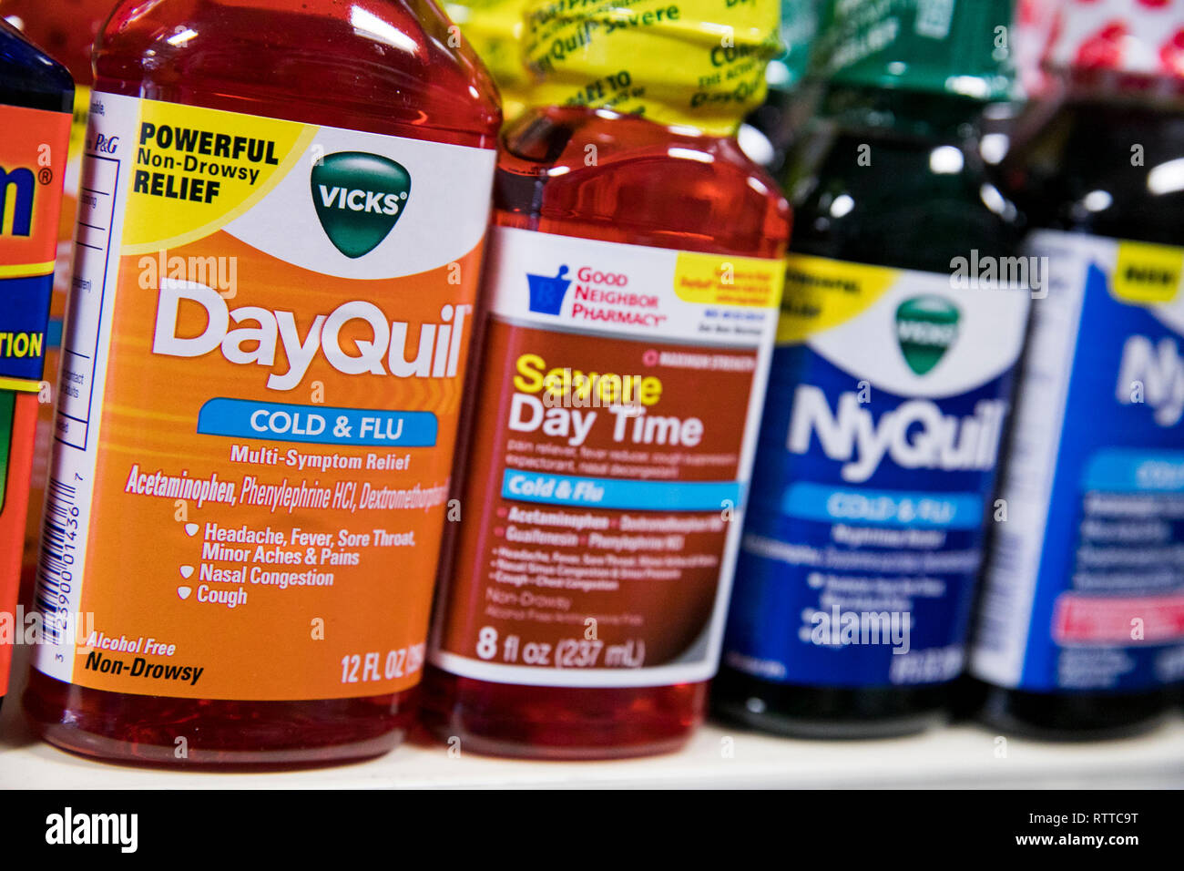 NyQuil and DayQuil over-the-counter cold medicine photographed. Stock Photo