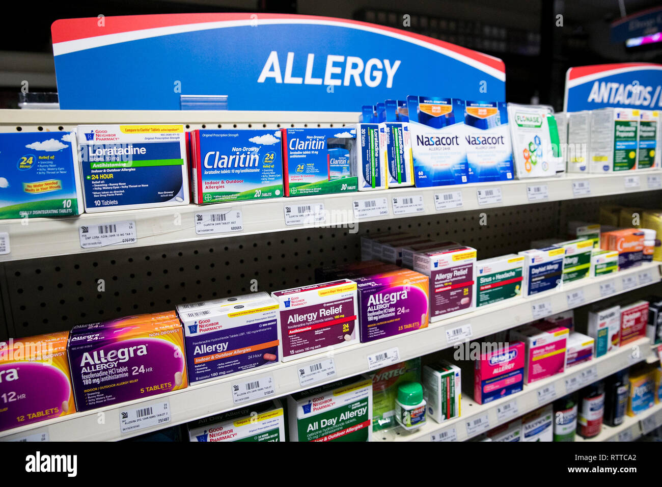 Overthecounter cold and allergy medicines photographed in a pharmacy