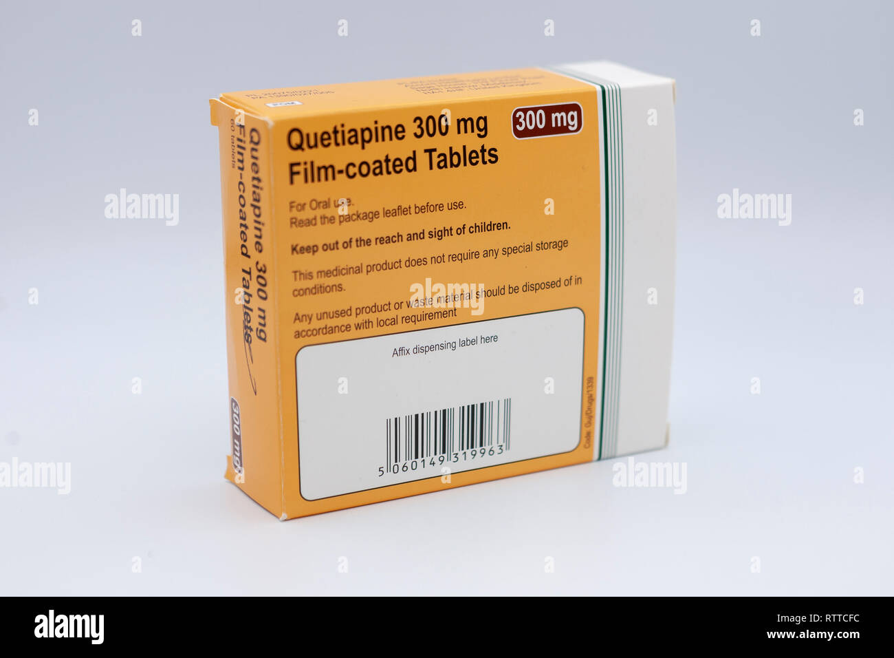 Quetiapine 300 mg Film-coated Tablets. Quetiapine, sold under the trade name Seroquel among others, is an atypical antipsychotic used for the treatmen Stock Photo