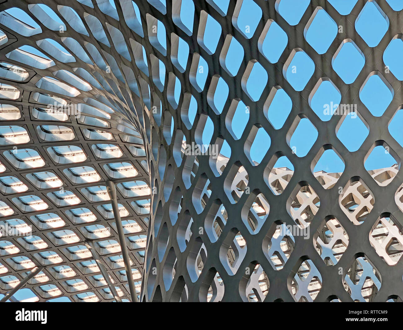 Double Curved Parametric Modern Architecture of Canopy. Wall Turns To The Roof. Stock Photo