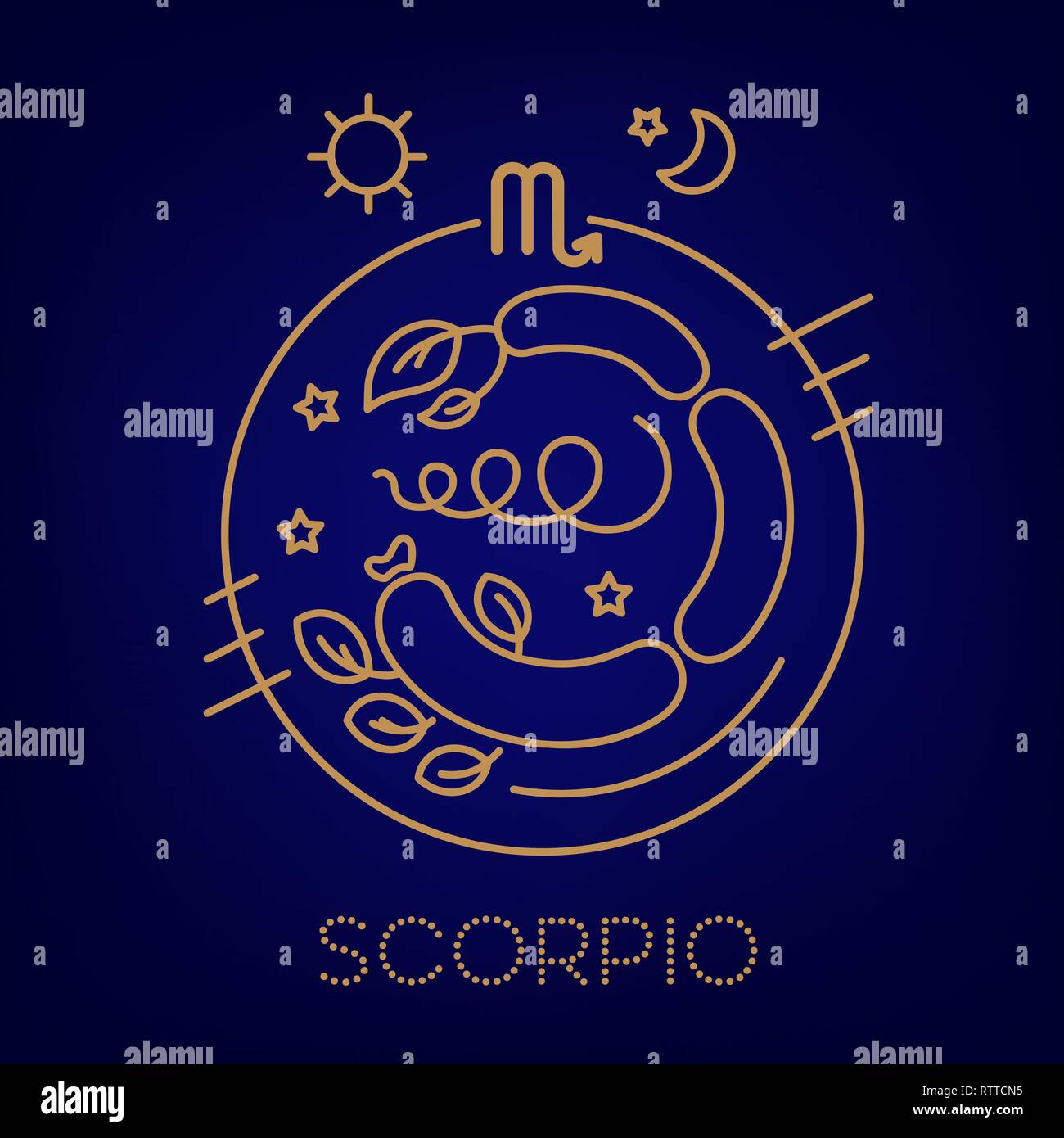 Scorpio vector signs of the zodiac in circles of golden color on a blue background. Astrological forecast, horoscope for a single sign. Logo, tattoo o Stock Vector