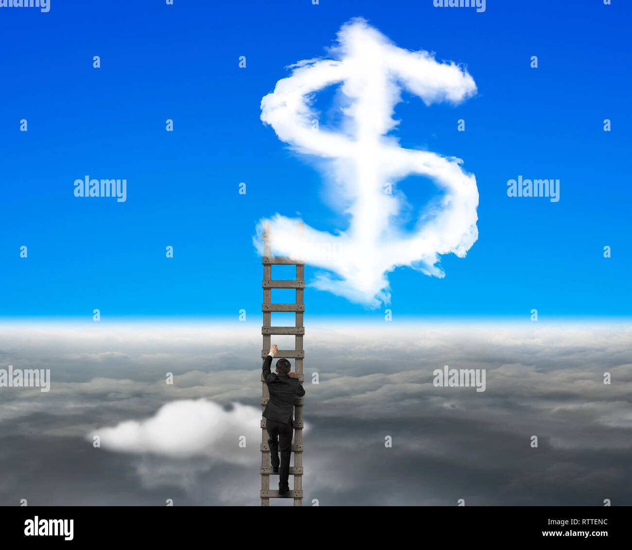 Businessman climbing wooden ladder with dollar sign shape cloud on sky ...
