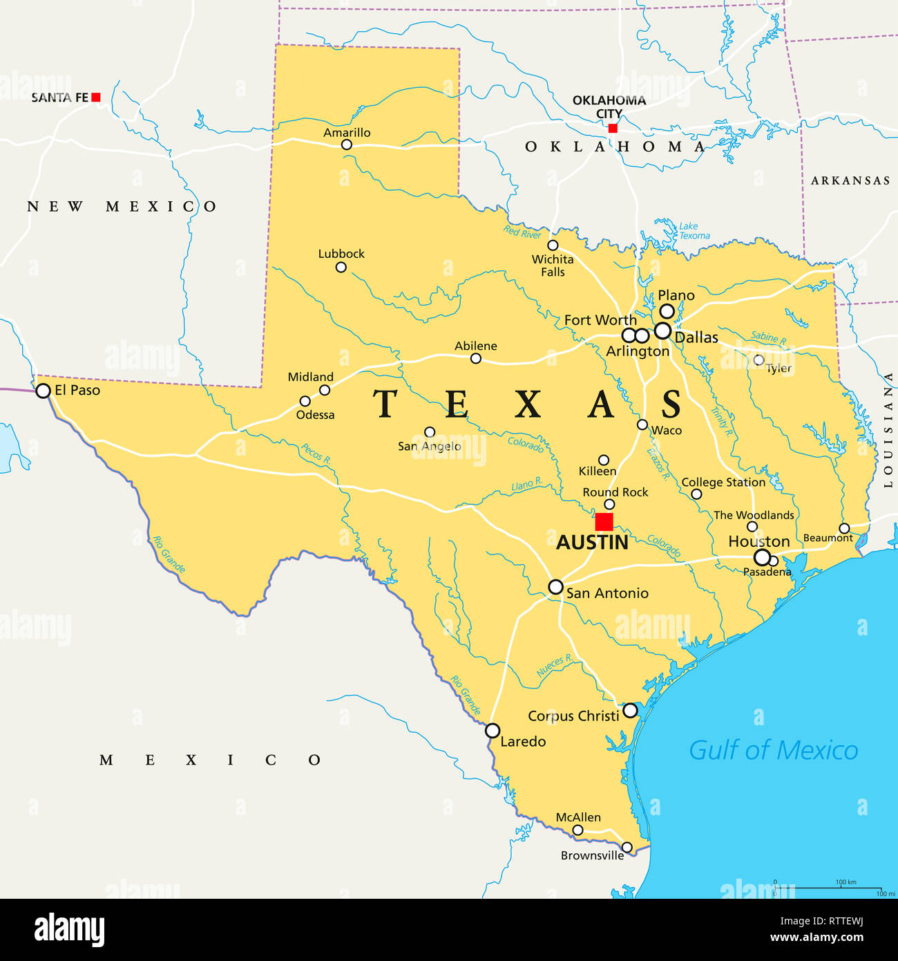 Texas, political map, with capital Austin, borders, important cities