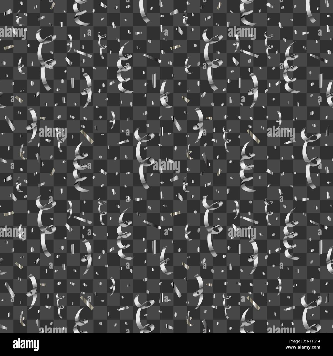 Exploding party popper with bright silver serpentine and confetti, seamless pattern on transparent background Stock Vector