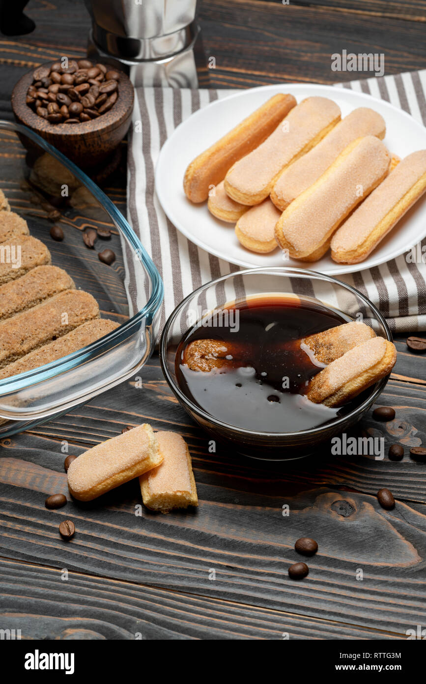 Tiramisu cake cooking Italian Savoiardi ladyfingers Biscuits and