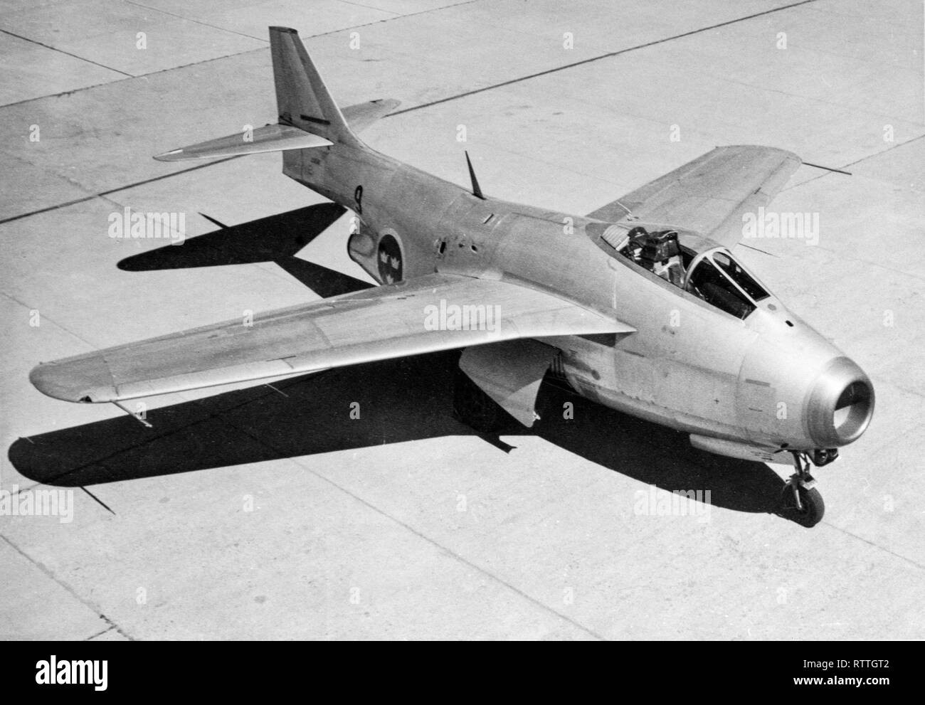 A Swedish Air Force Saab 29 Tunnan fighter jet aeroplane.The Saab 29, colloquially called Flygande tunnan (English: 'The flying barrel') is a Swedish fighter designed and manufactured by Saab in the 1940s. It was Sweden's second turbojet-powered combat aircraft, the first being the Saab 21R; additionally, it was the first Western European fighter to be produced with a swept wing after the Second World War, the Me 262 being the first during the war. Despite its rotund appearance, from which its name derives, the J 29 was a fast and agile aircraft for its era.  Operational well in to the 1970s. Stock Photo