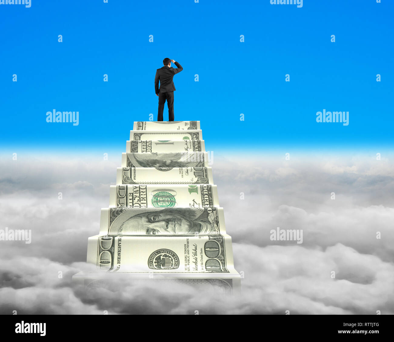 Businessman reaching the top of money stairs looking around blue sky ...