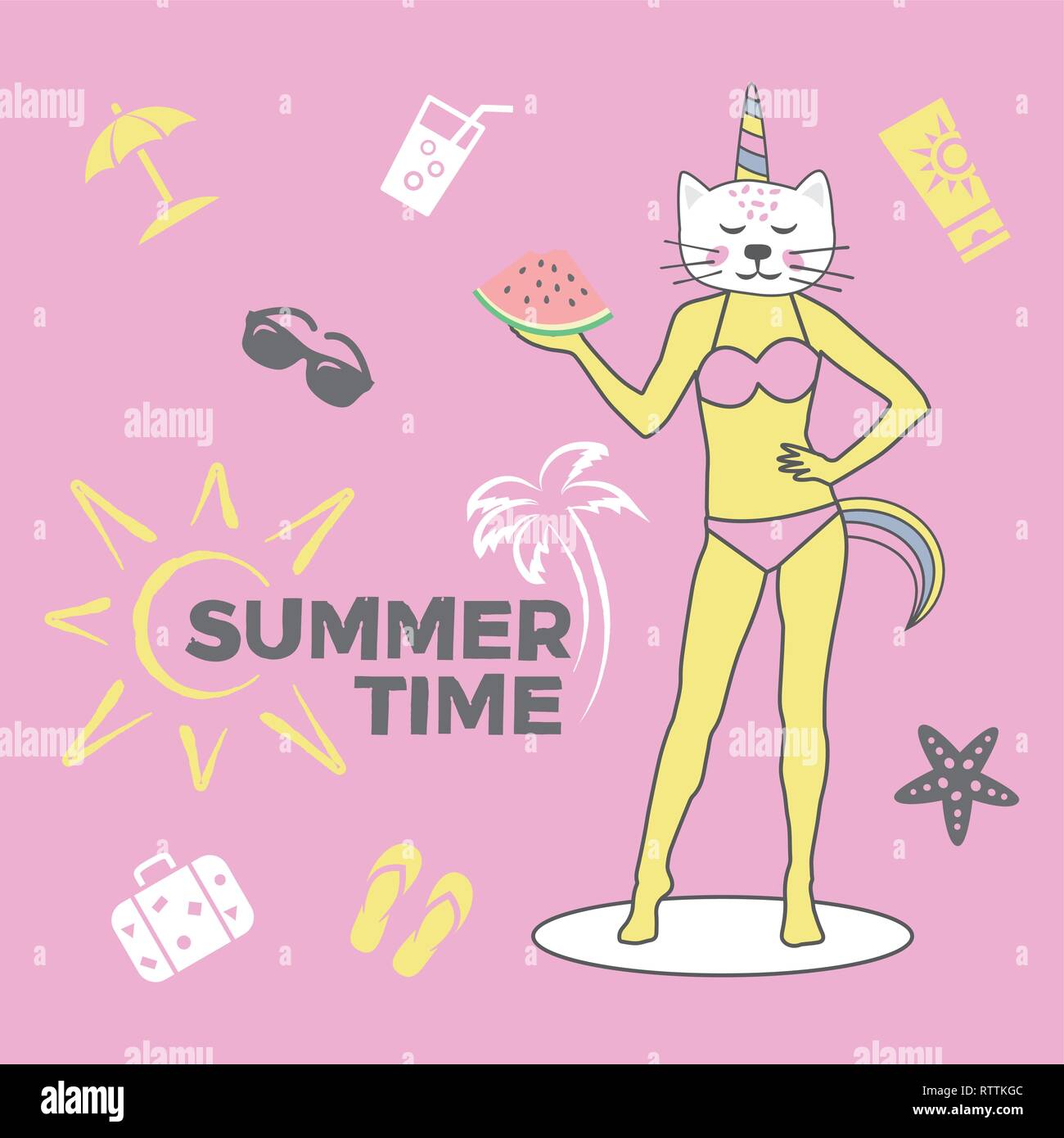 Summer Time Cute illustration on pink Stock Vector