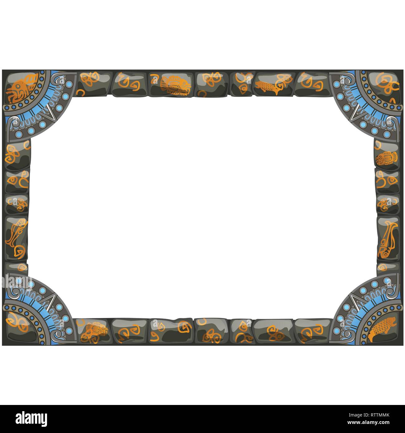 Frame made of grey stones with ancient ornament with space for your text or image isolated on white background. Vector cartoon close-up illustration. Stock Vector
