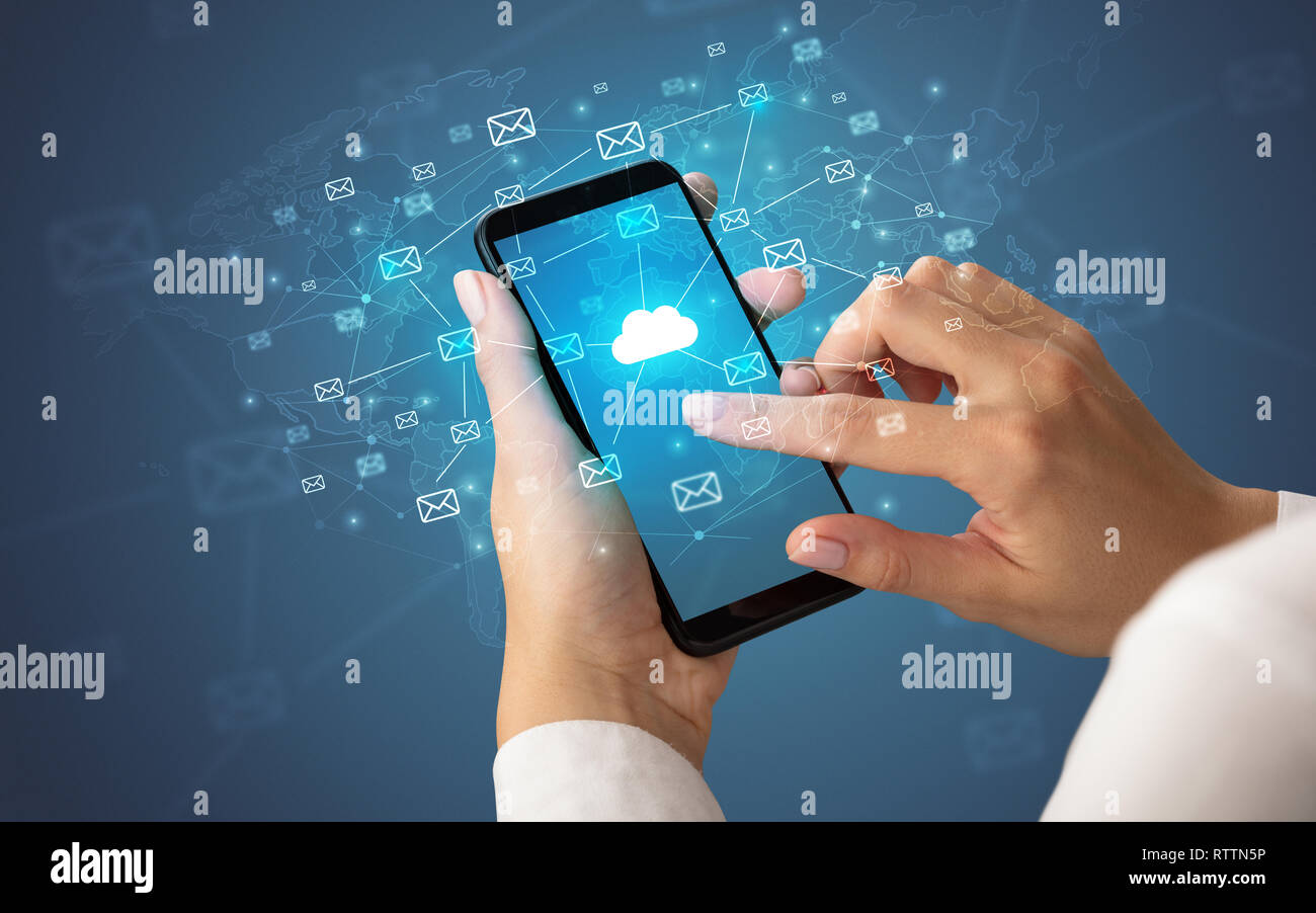 Female hand using smartphone with cloud, message and global concept ...
