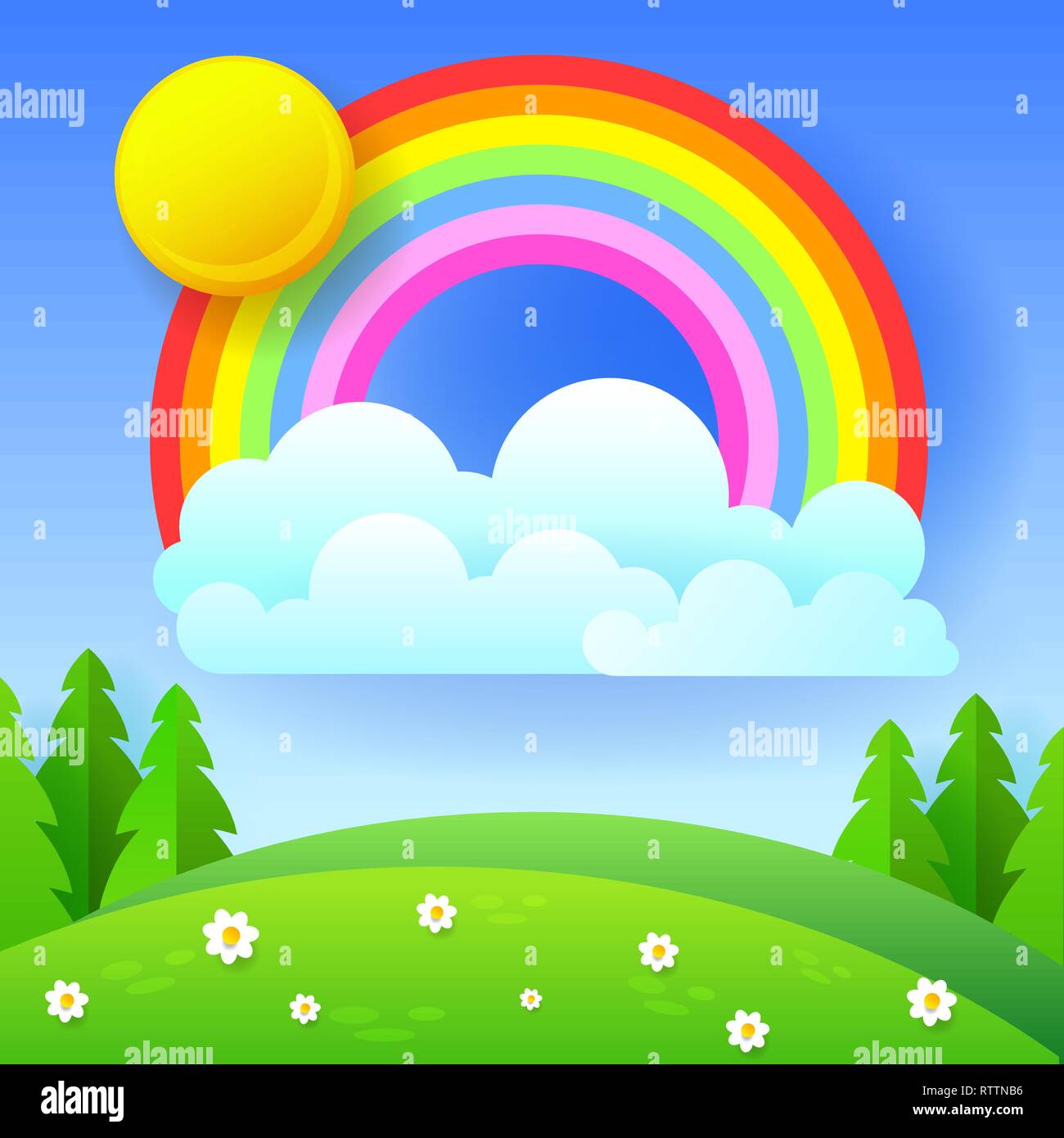 Beautiful Seasonal Background With Bright Rainbow, Flowers In Grass ...