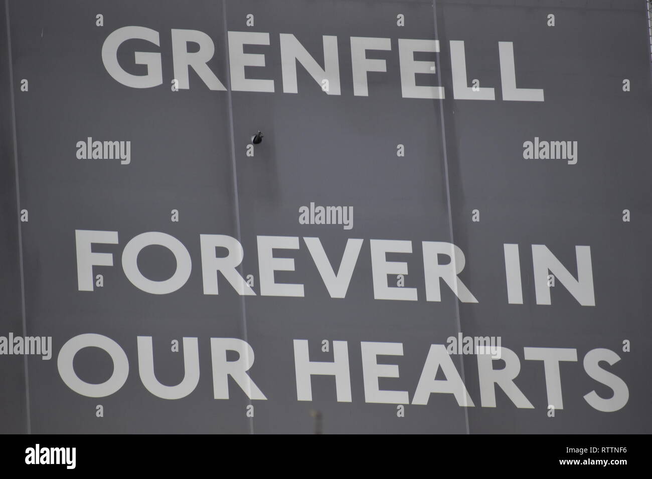 Grenfell Forever in Our Hearts. The Grenfell Inquiry continues this year; renovation and repair is ongoing in the fire damaged tower block of flats. Stock Photo