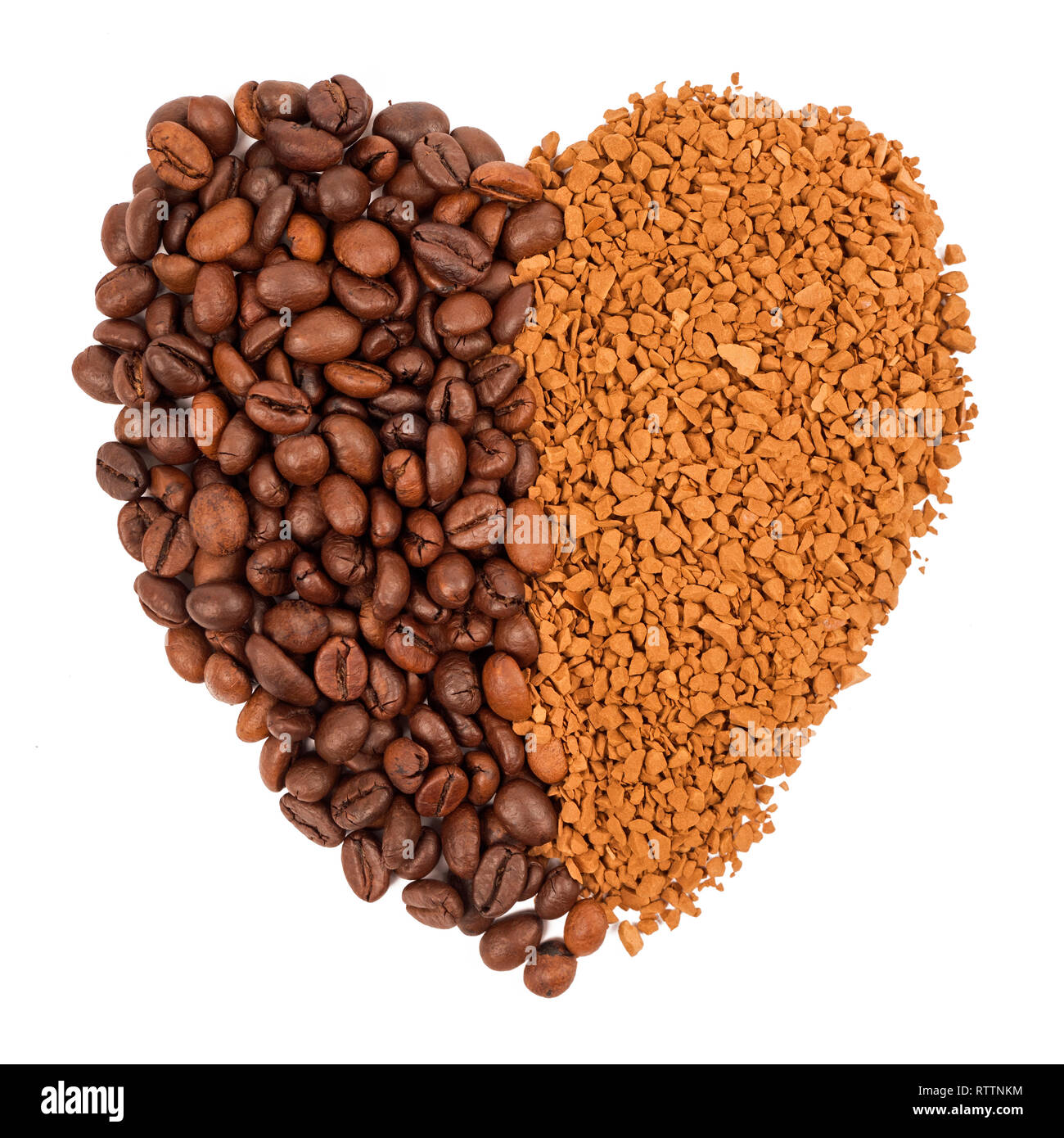 Heart shaped coffee beans and instant coffee Stock Photo