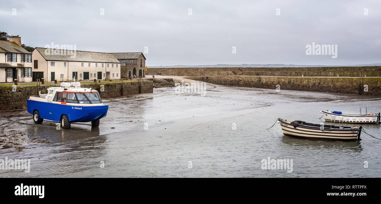 Passenger amphibious boat leaving St Michael's Mount in Cornwall, UK taken on 1 March 2016 Stock Photo