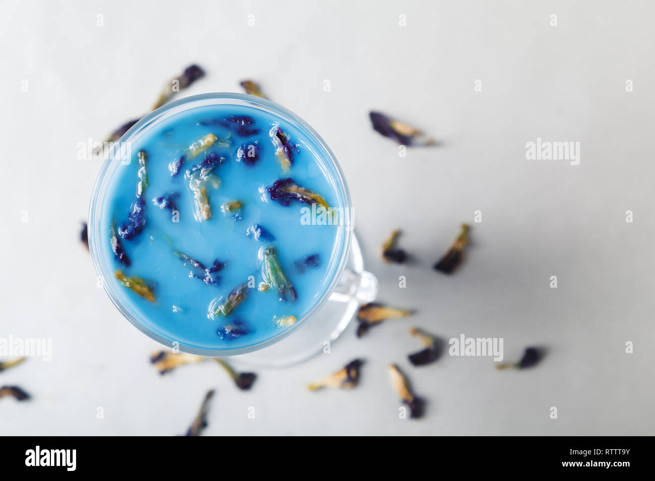 Pour the milk into a Cup of blue butterfly pea tea Anchan on a gray ...