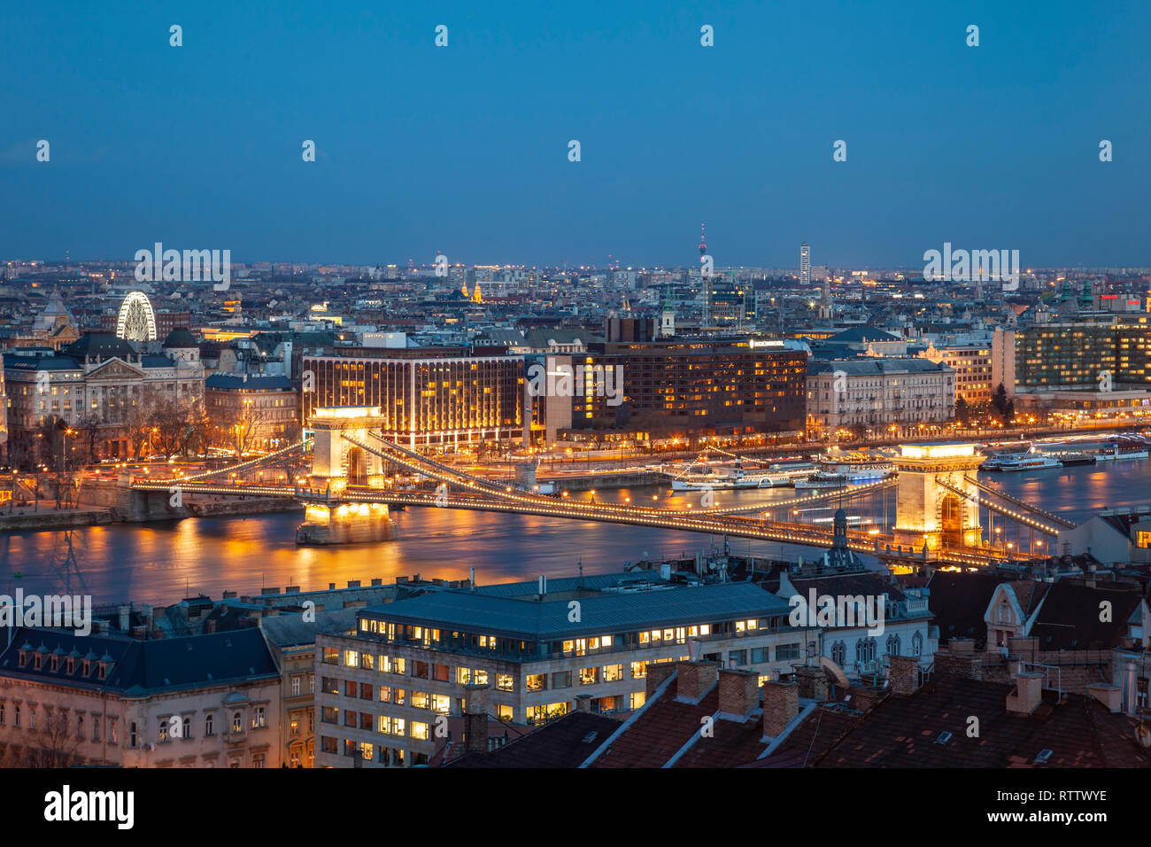 Night falls in Budapest, Hungary. Stock Photo