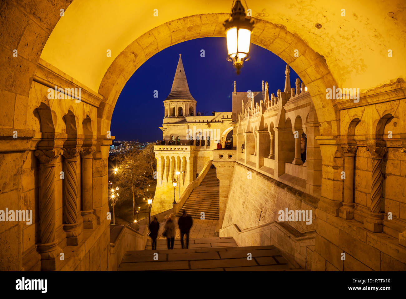 Evening at Fisherman's Bastion in the Castle District of Budapest, Hungary. Stock Photo