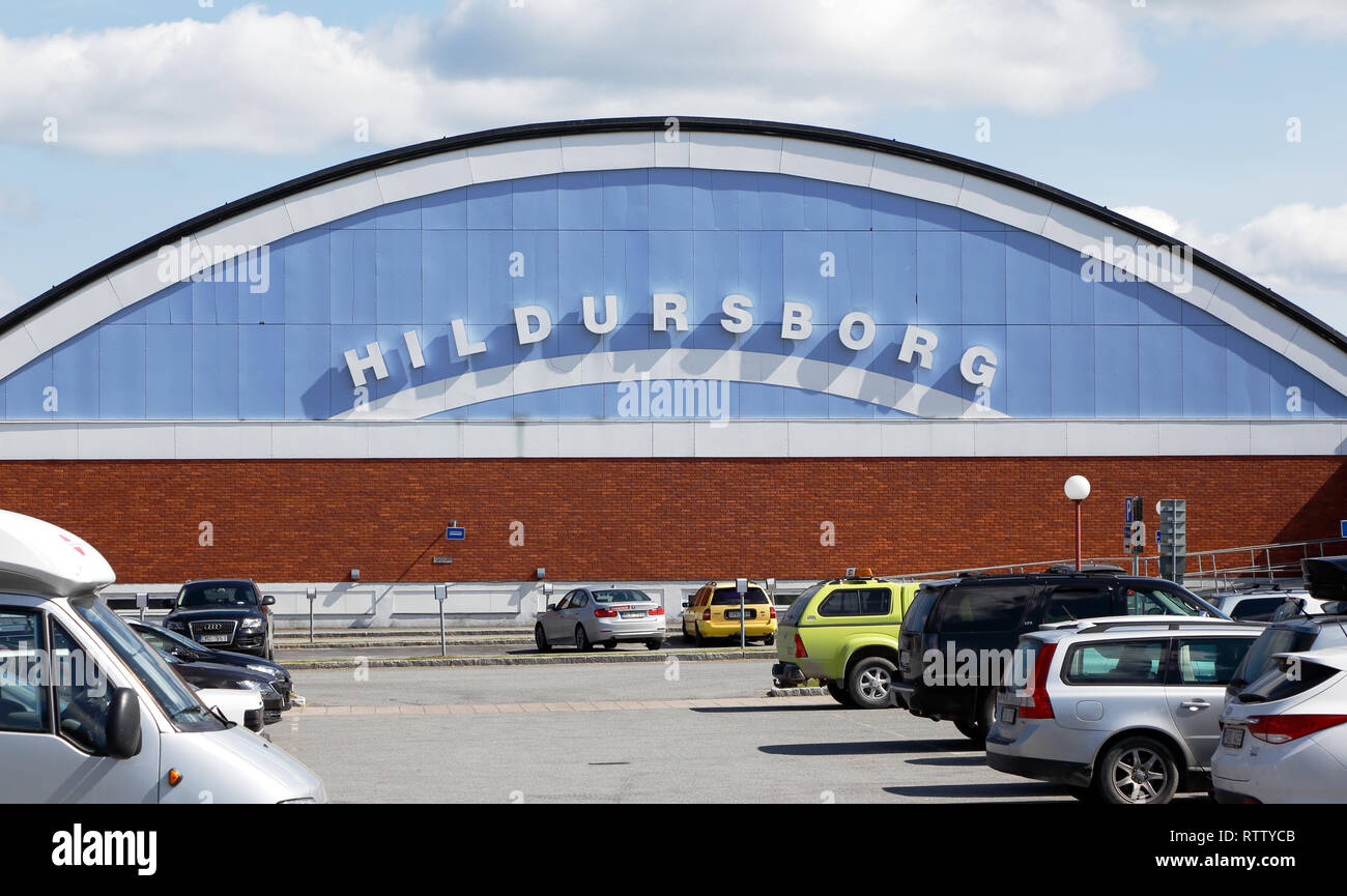 Boden, Sweden - July 13, 2015: Exterior view of the Hildursborg sports arena and its car parking lots. Stock Photo