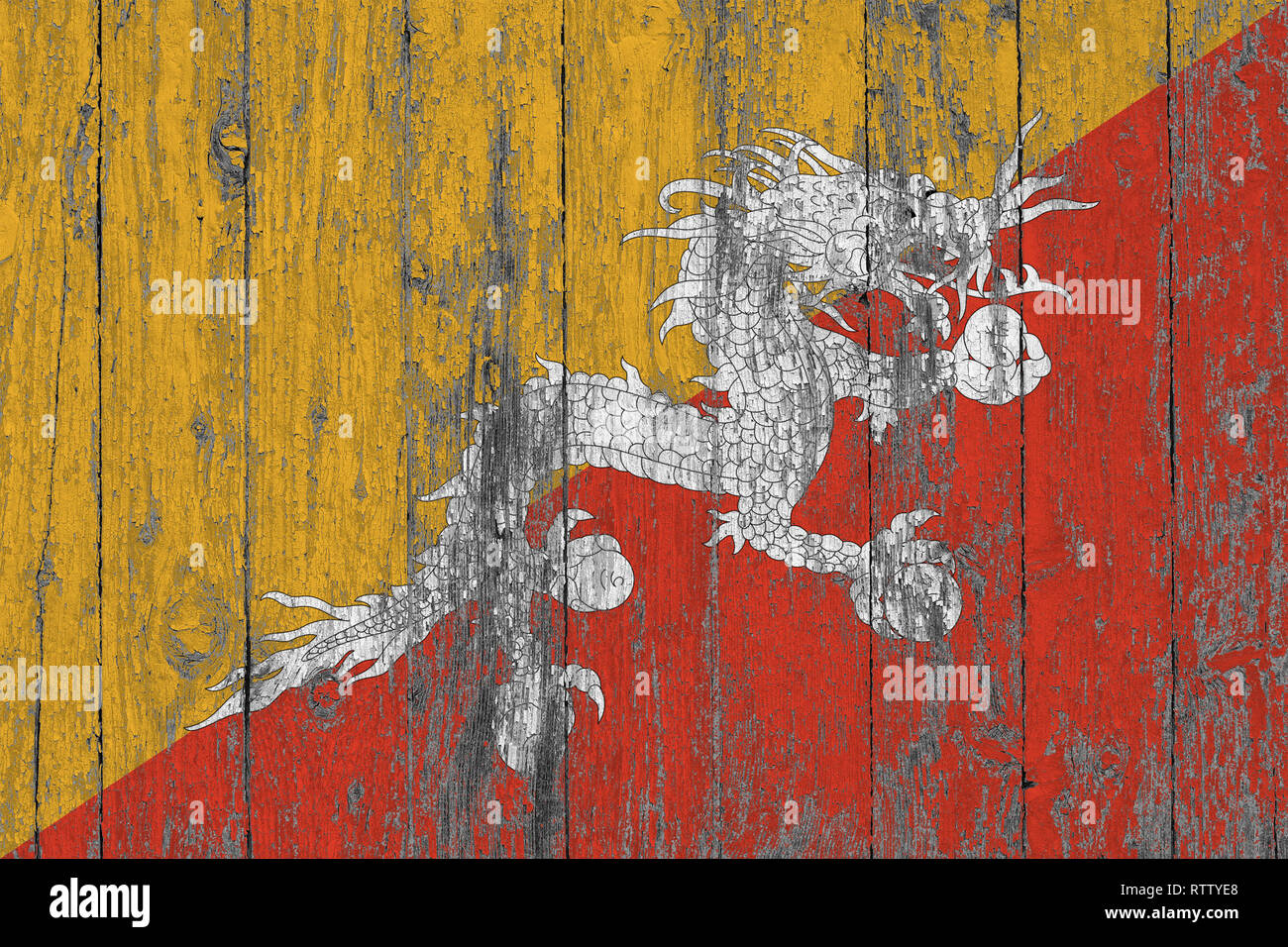 Flag of Bhutan painted on worn out wooden texture background Stock ...