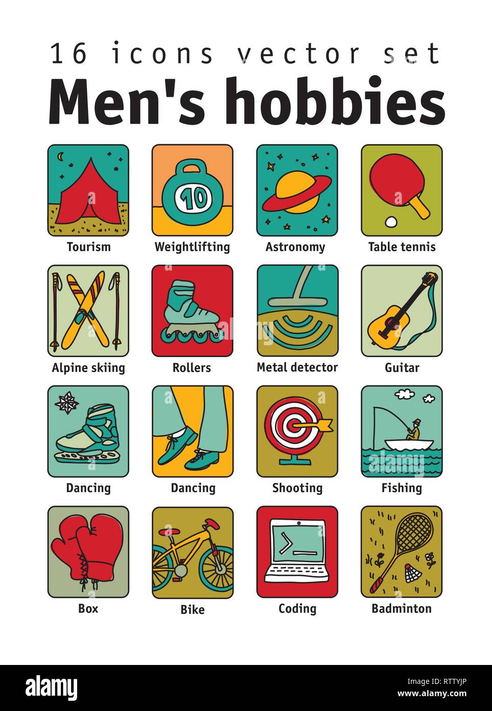 Hobbies men objects sport tourism coding color icons set Stock Vector