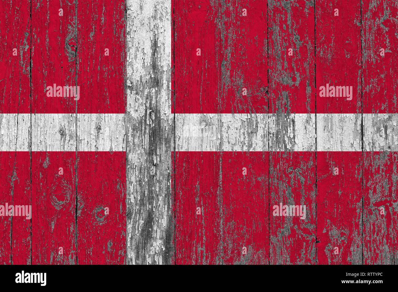 Flag of Denmark painted on worn out wooden texture background Stock ...
