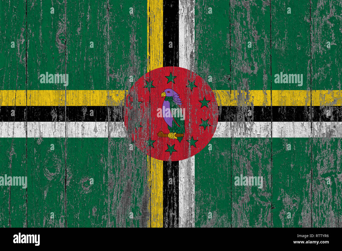 Flag of Dominica painted on worn out wooden texture background Stock ...