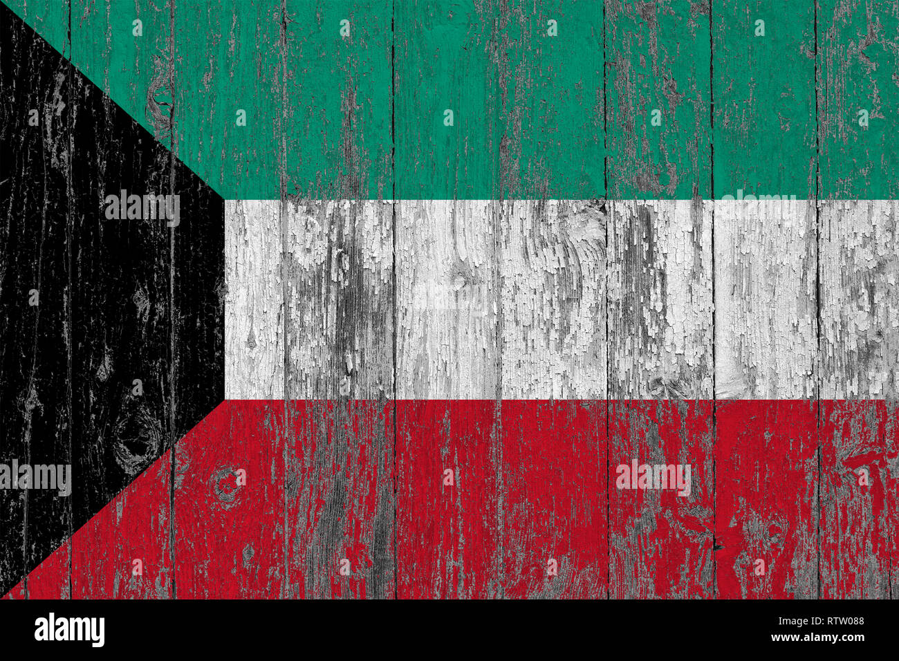 Flag of Kuwait painted on worn out wooden texture background Stock ...