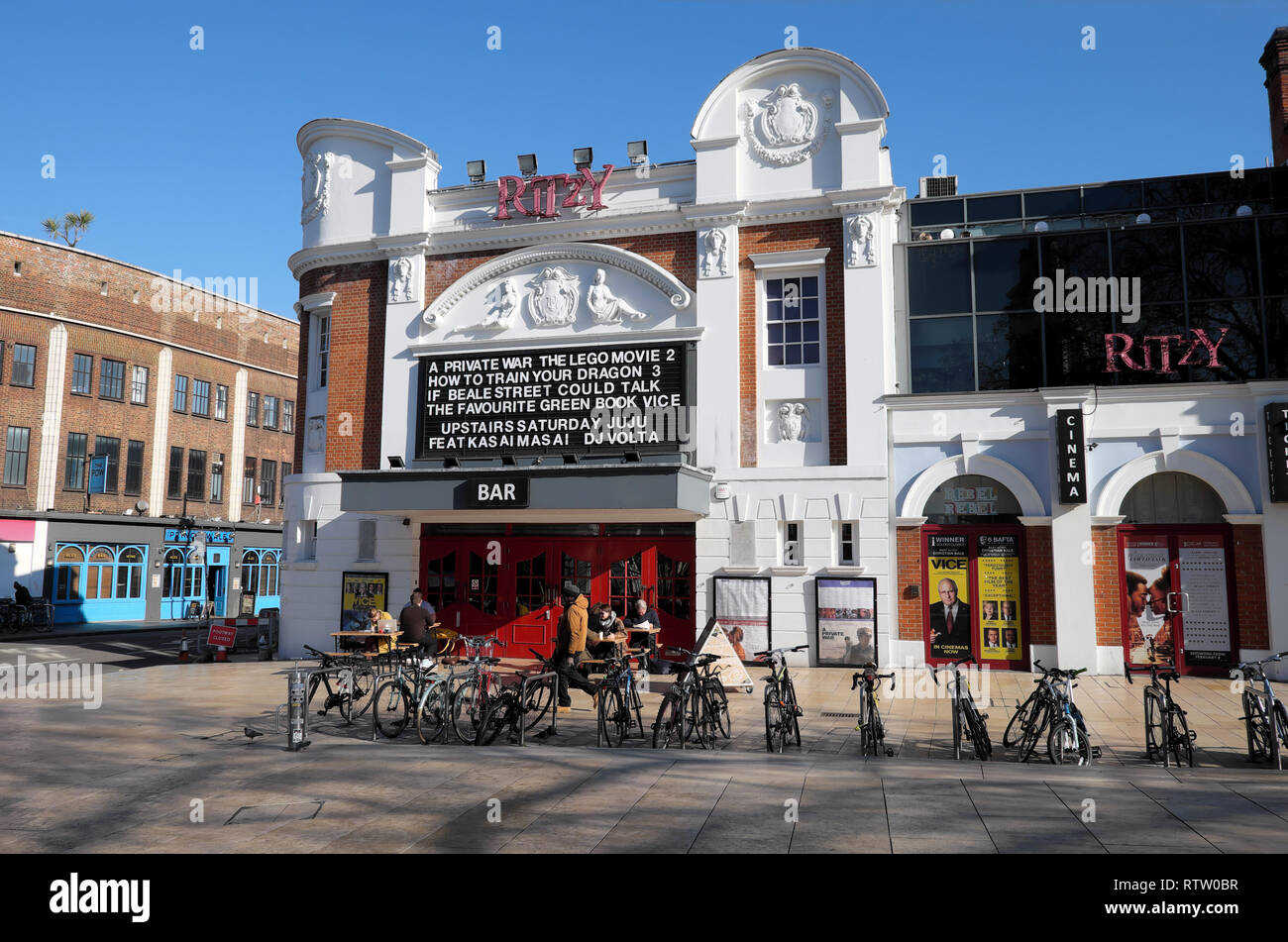 Brixton street scene Ritzy Cinema and Bar exterior view showing movies films in Brixton South London UK  KATHY DEWITT Stock Photo