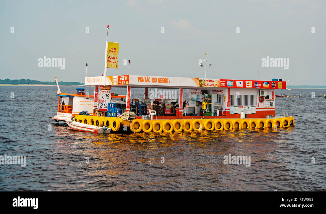 Manaus, Brazil December 04, 2015 petrol station and shop on pontoon