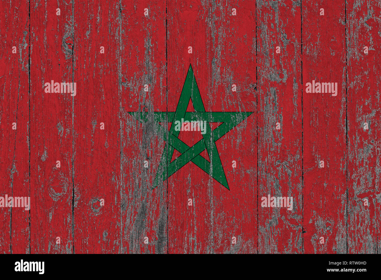 Flag of Morocco painted on worn out wooden texture background Stock ...