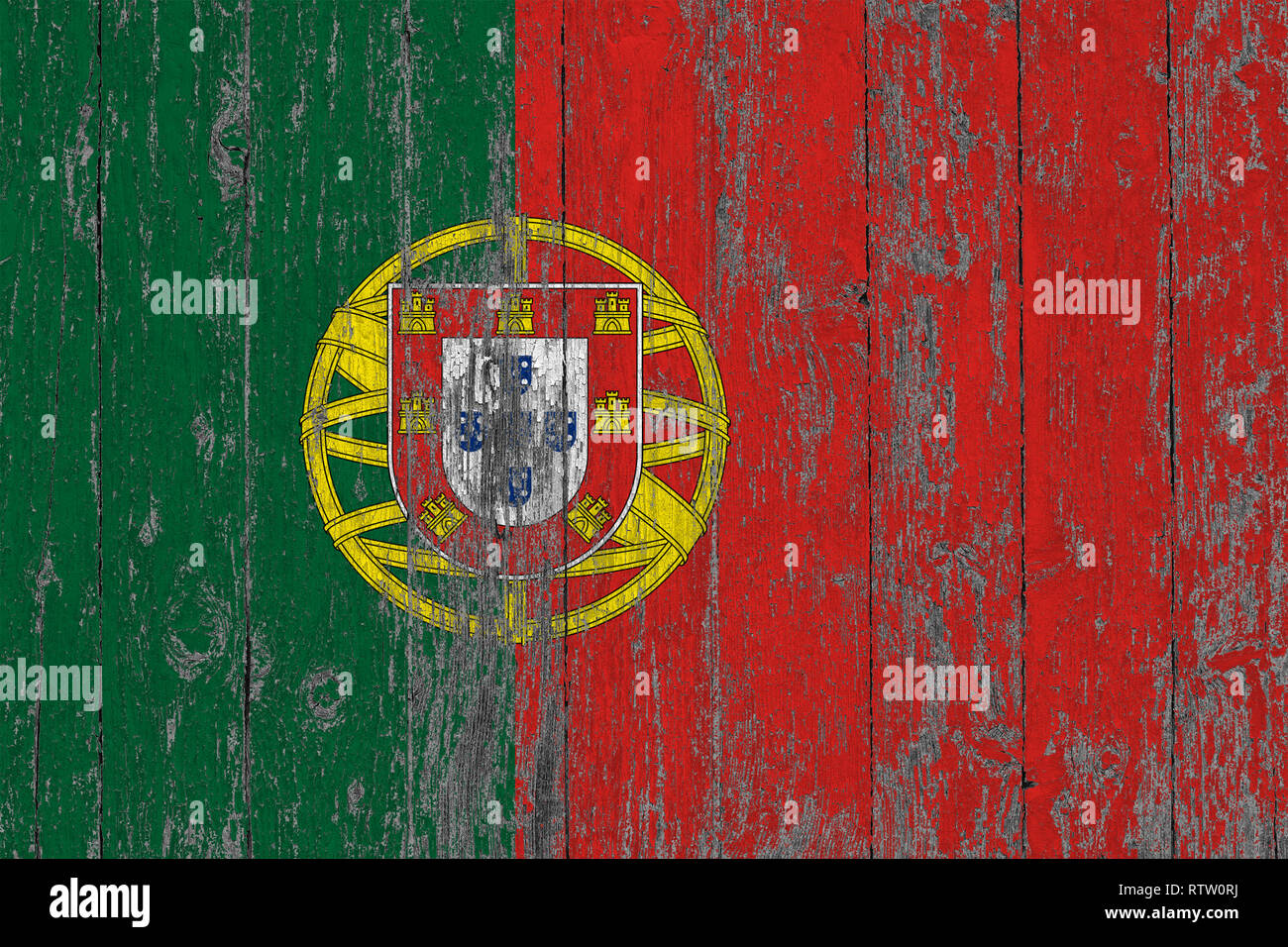 Flag of Portugal painted on worn out wooden texture background Stock ...