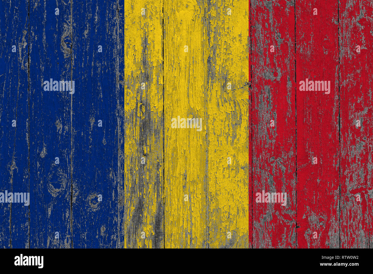 Flag of Romania painted on worn out wooden texture background Stock ...