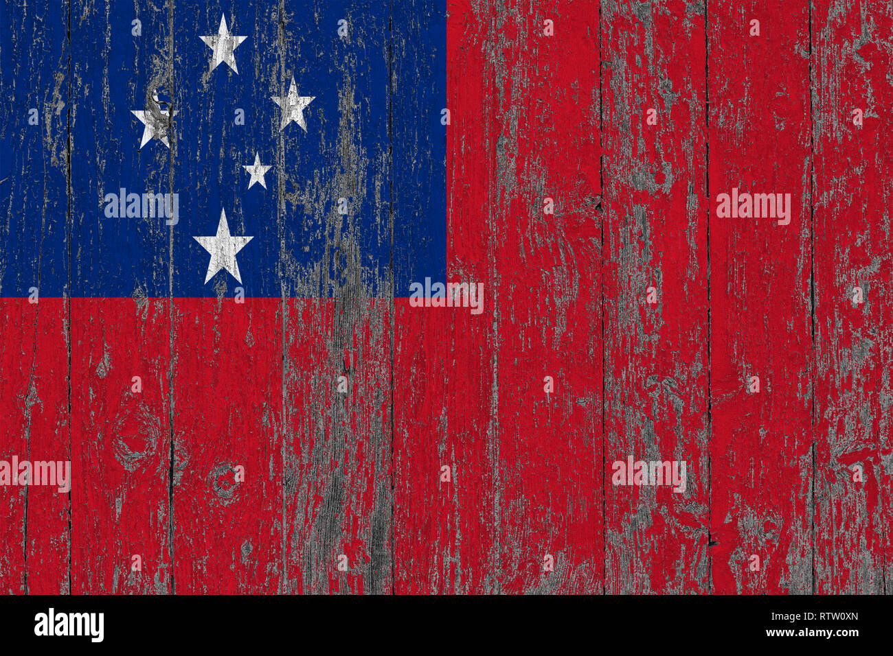 Flag of Samoa painted on worn out wooden texture background Stock Photo ...