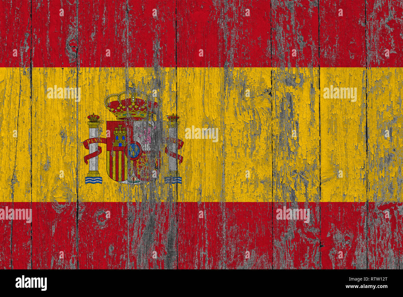 Flag of Spain painted on worn out wooden texture background Stock Photo ...