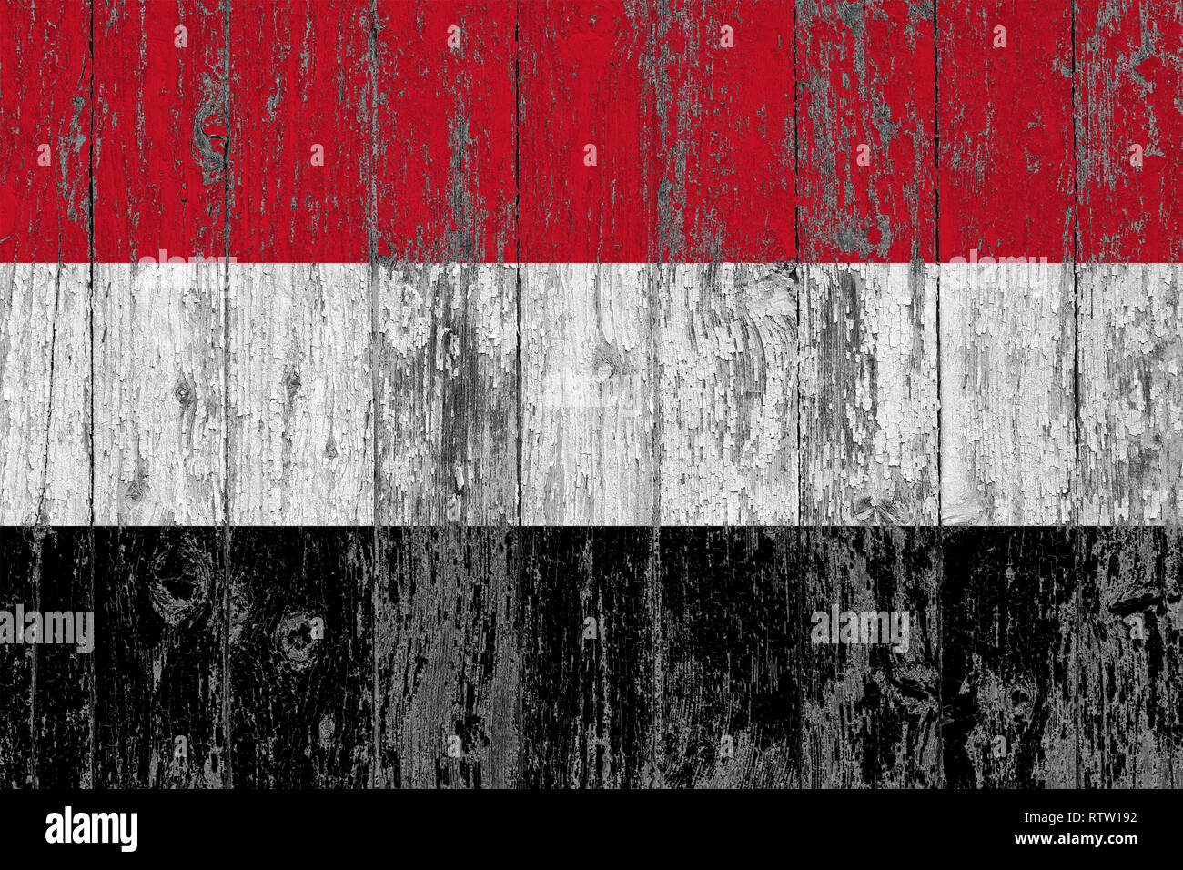 Flag of Yemen painted on worn out wooden texture background Stock Photo ...