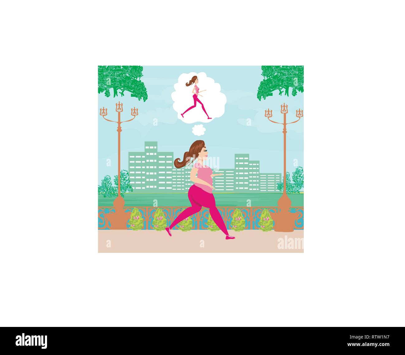 Young woman jogging,fat girl dreams to be a skinny girl Stock Vector