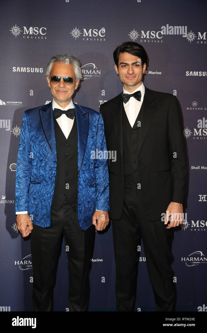 Singer Andrea Bocelli, third from left, his wife Veronica Berti, sons Amos  Bocelli, left, Matteo Botecci, third from right, daughter Virginia Bocelli  and his mother Edi Bocelli, right, arrive at the Latin