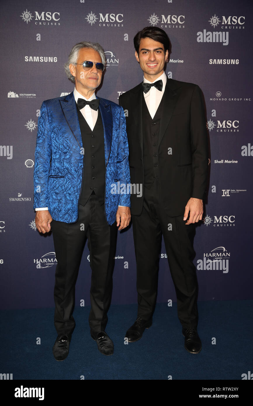 Singer Andrea Bocelli, third from left, his wife Veronica Berti, sons Amos  Bocelli, left, Matteo Botecci, third from right, daughter Virginia Bocelli  and his mother Edi Bocelli, right, arrive at the Latin