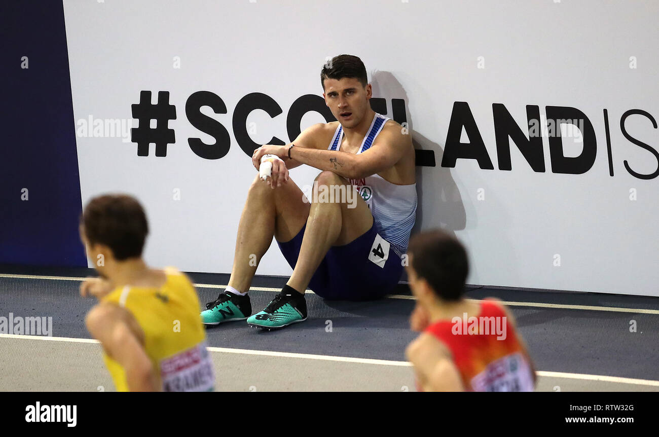 Great Britain's Guy Learmonth after chasing out of the men's 800m semi final during day two of the European Indoor Athletics Championships at the Emirates Arena, Glasgow. Stock Photo
