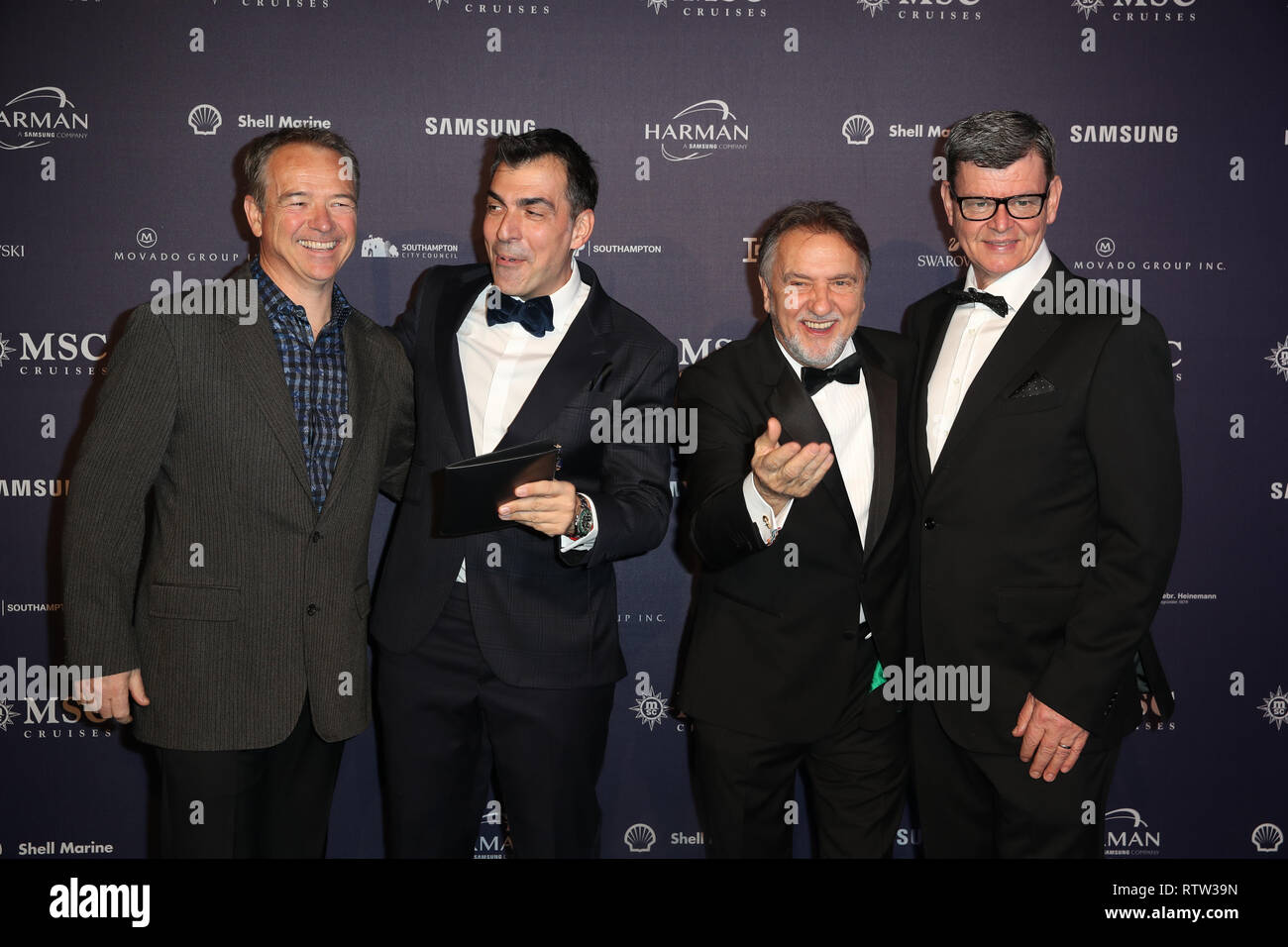 (left to right) Chefs Jean-Philippe Maury, award winning pastry chef and chocolatier, Ramon Freixa, two-time Michelin-starred chef, Raymond Blanc and Harald Wohlfahrt arrive for the naming ceremony of the MSC Bellissima, the largest cruise ship to be christened in the UK, at the City Cruise Terminal in Southampton. Stock Photo