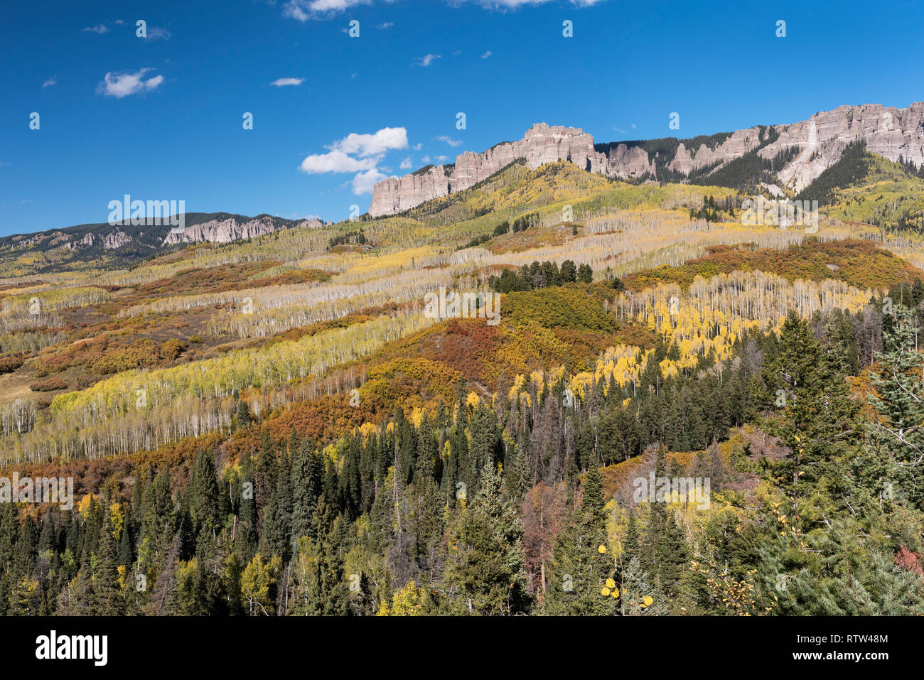 Cimarron Mountain Range near Owl Creek Pass in early autumn, Southwestern Colorado. Stock Photo