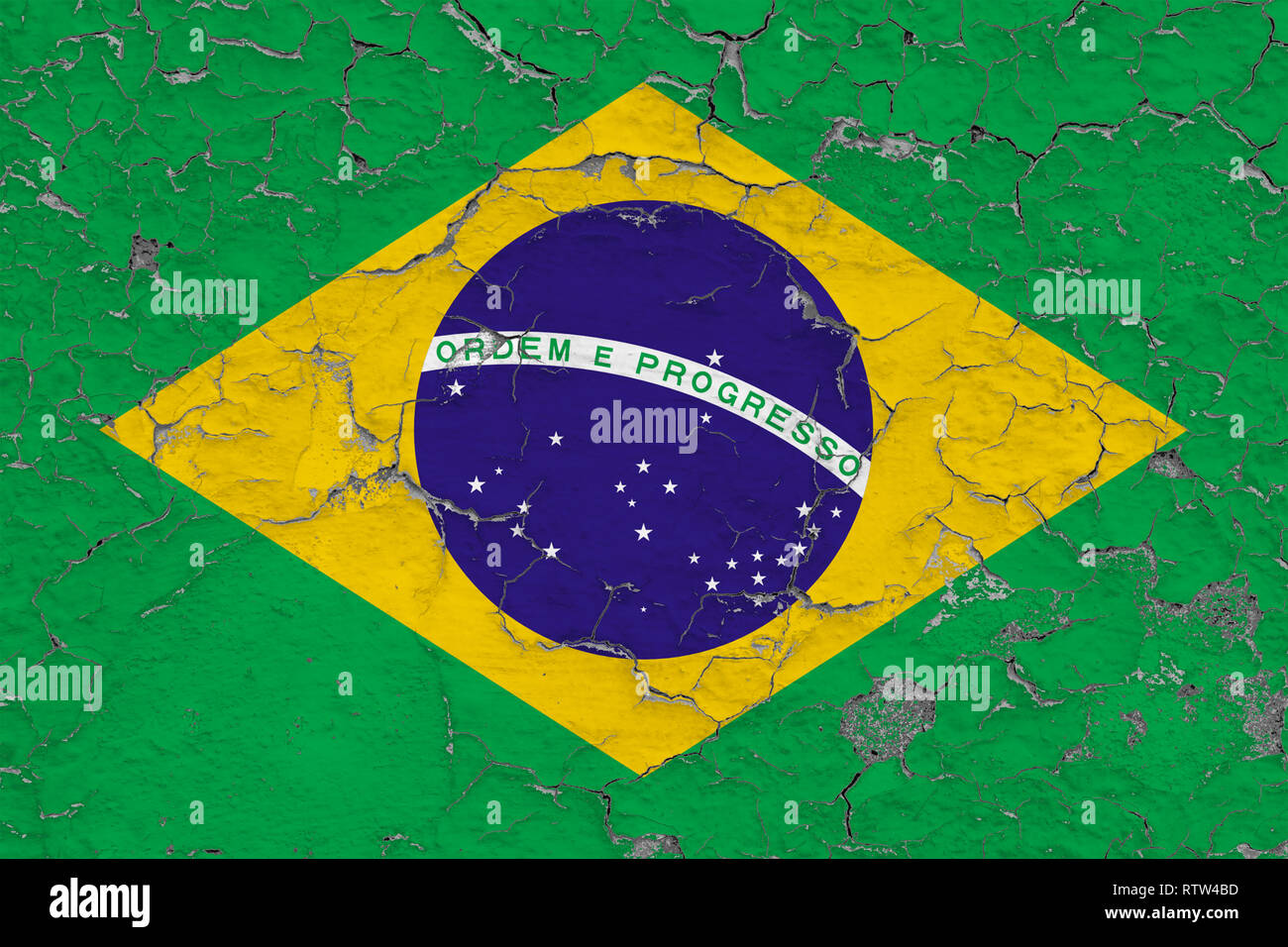 Flag of Brazil painted on cracked dirty wall. National pattern on ...