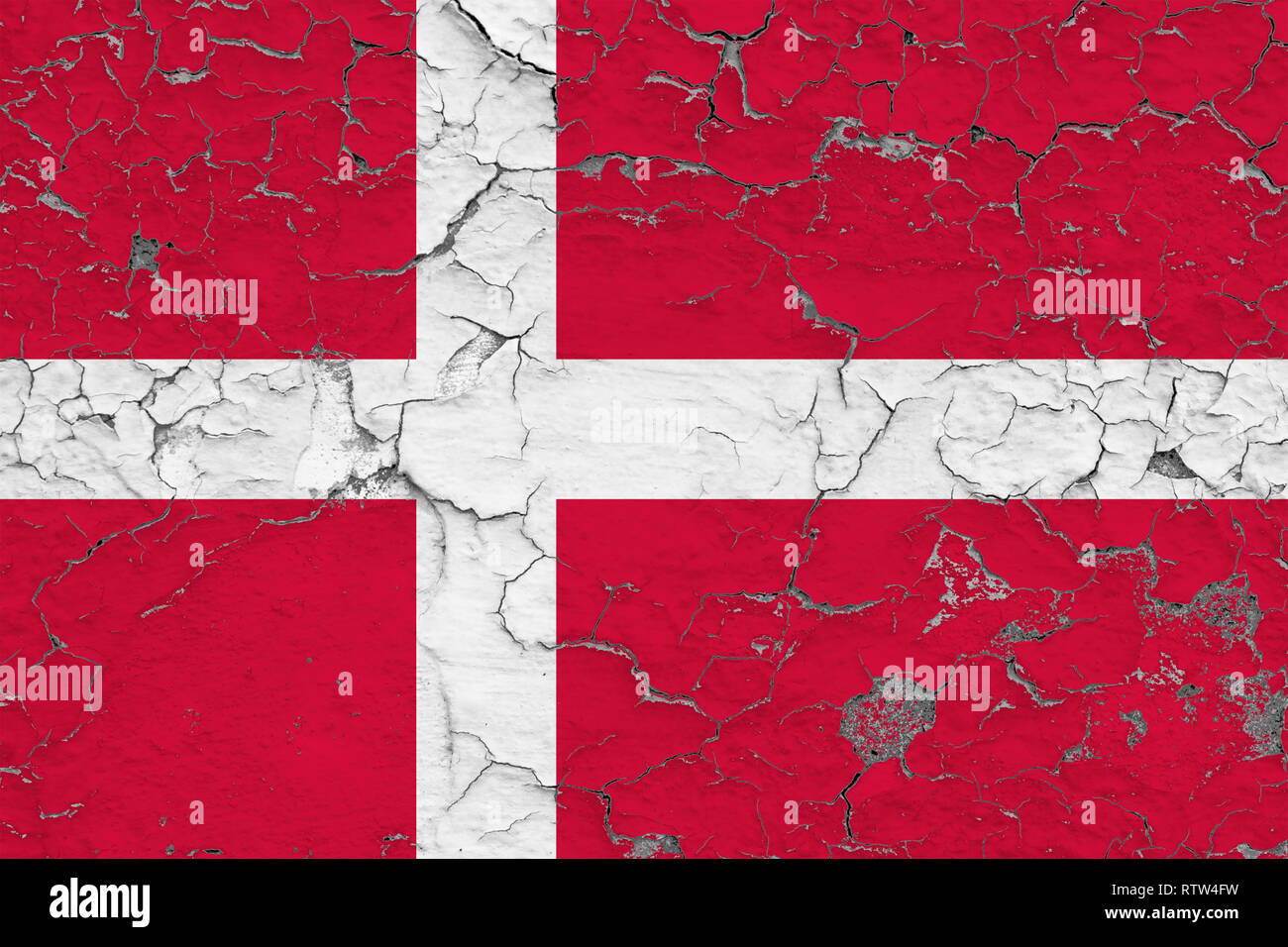 Flag of Denmark painted on cracked dirty wall. National pattern on ...