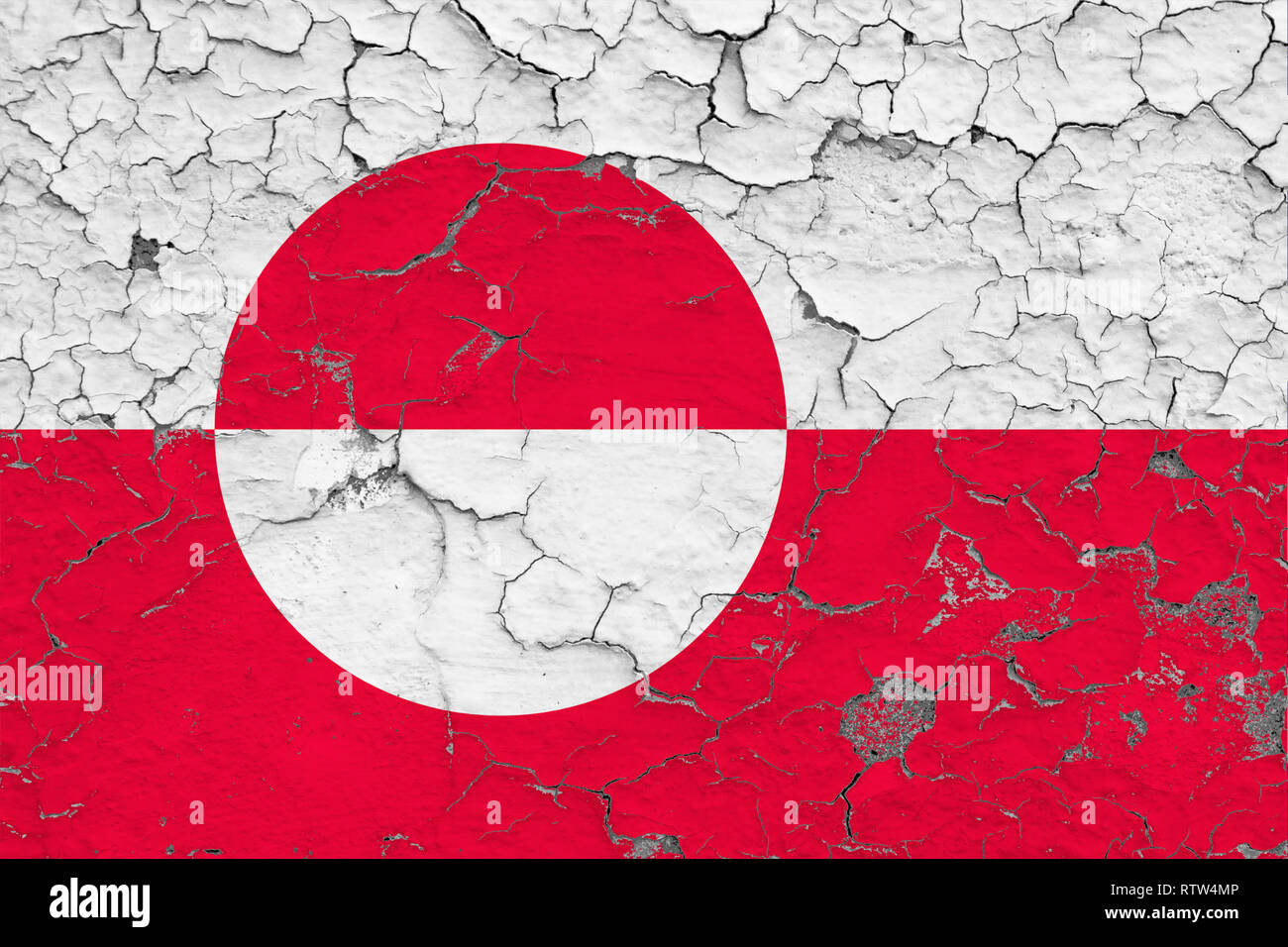 Flag of Greenland painted on cracked dirty wall. National pattern on ...