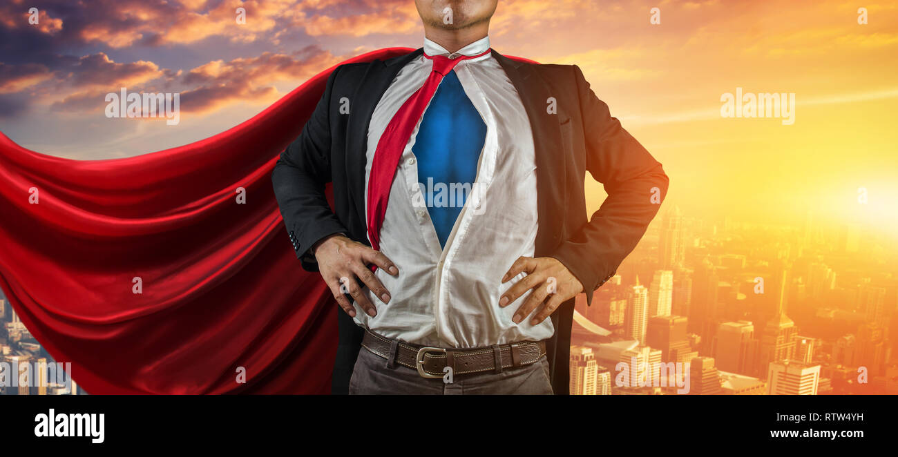 Businessman superhero. Mixed media Stock Photo