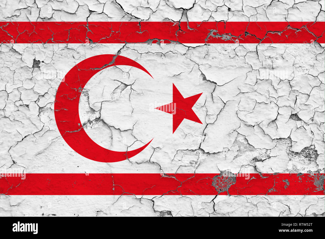 Flag of Northern Cyprus painted on cracked dirty wall. National pattern ...