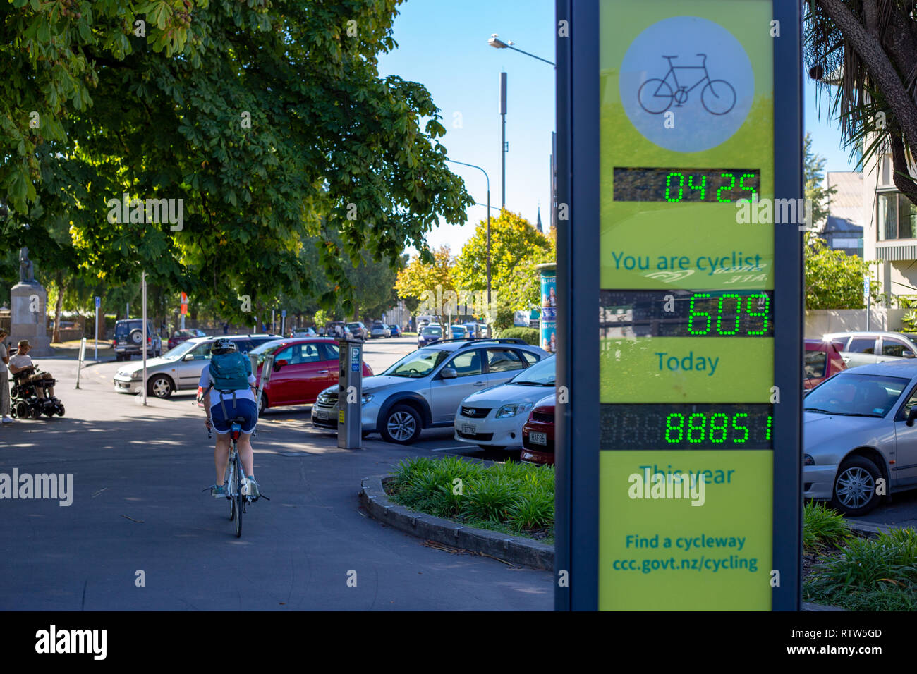 Christchurch, Canterbury, New Zealand, March 1 2019: Promoting cycling in the city with signs and digital signage Stock Photo