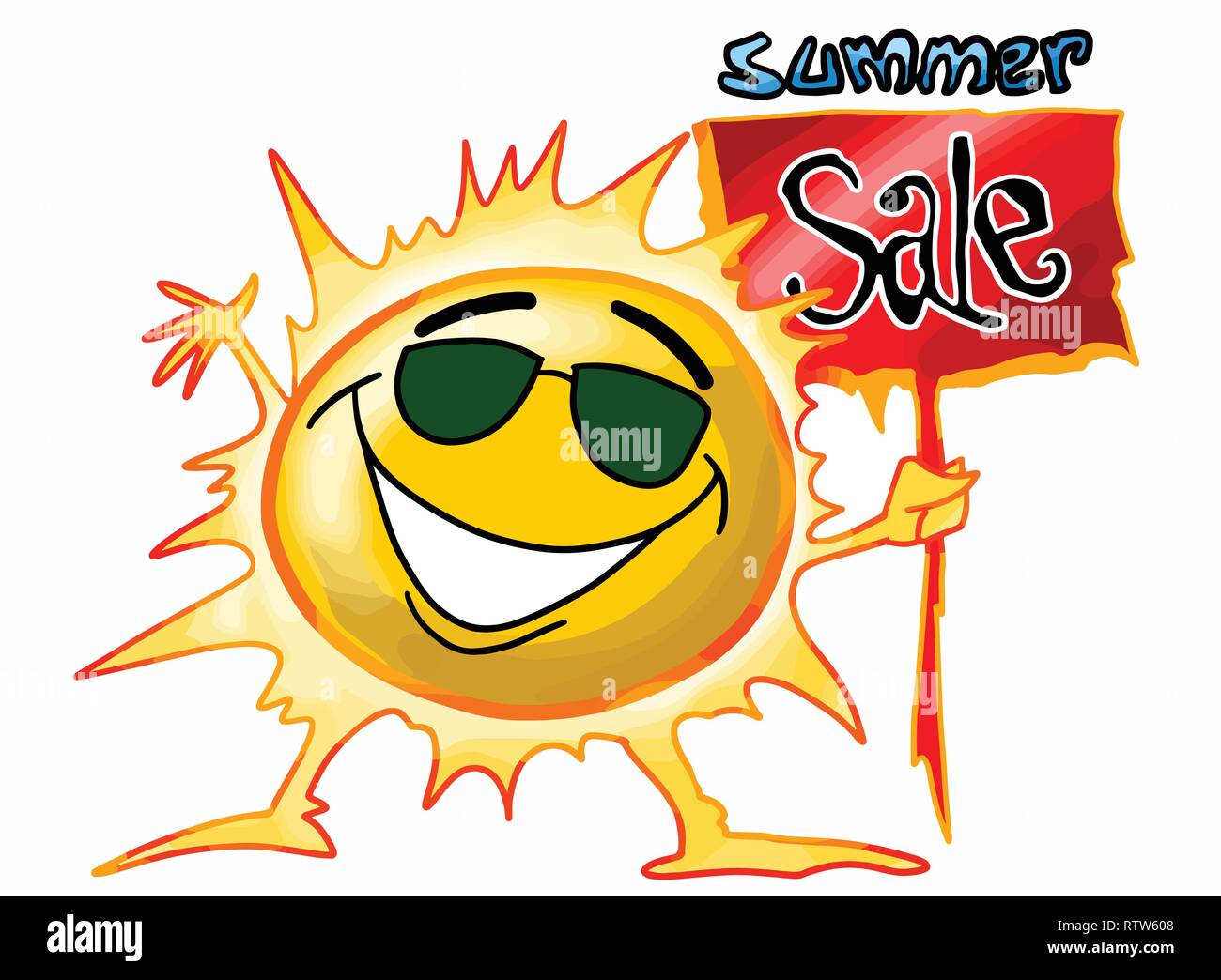 Cartoon sun holding a sale card in his hands vector illustration Stock Vector