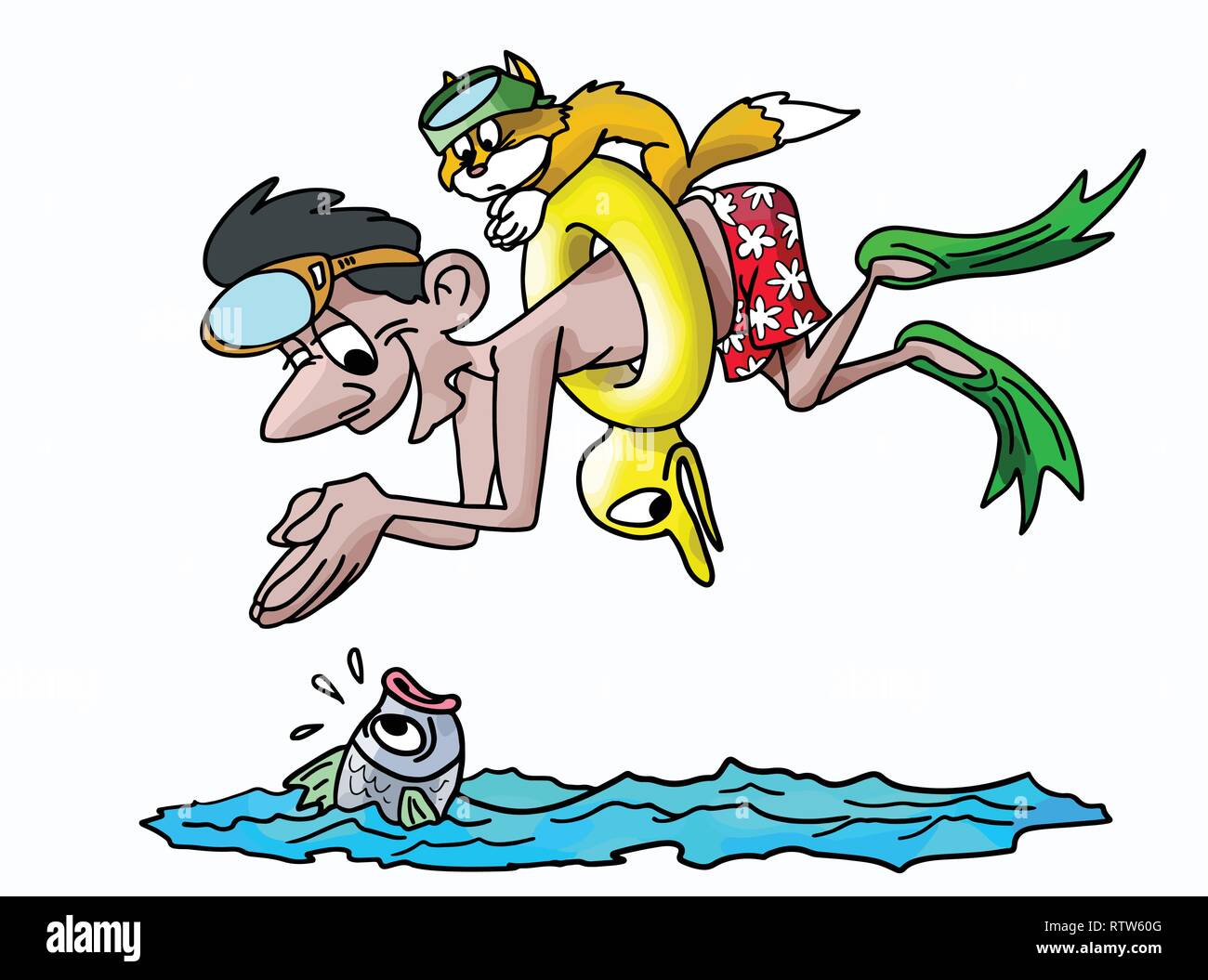 Cartoon man diving into water with his goggles on his head and his cat