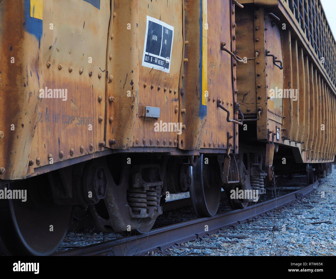 yellow railroad Gondola car Stock Photo Alamy
